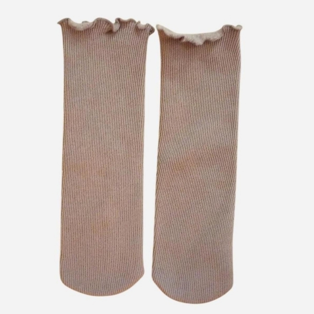 Deep Brown Socks Tan Fleece Lined Ruffled Crew Rib Knit Mid-calf Socks
